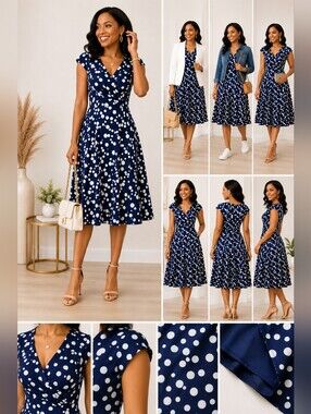 Vintage Glamour Navy & White Polka Dot Fit & Flare Dress | Retro V-Neck Midi